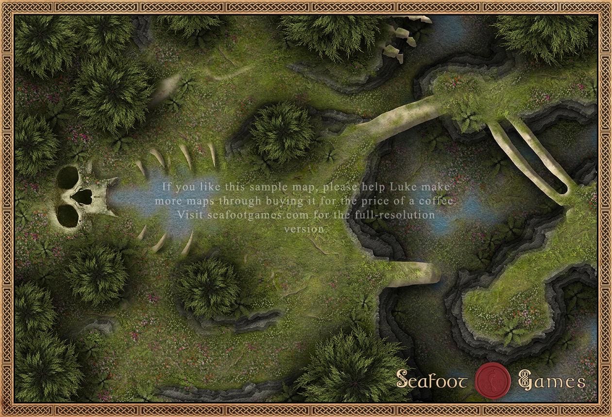 Download this Eternal’s Rest 30x20 TTRPG Battlemap & take your players deep within this forest, to resting place of a titan. Ready for VTTS & printing.