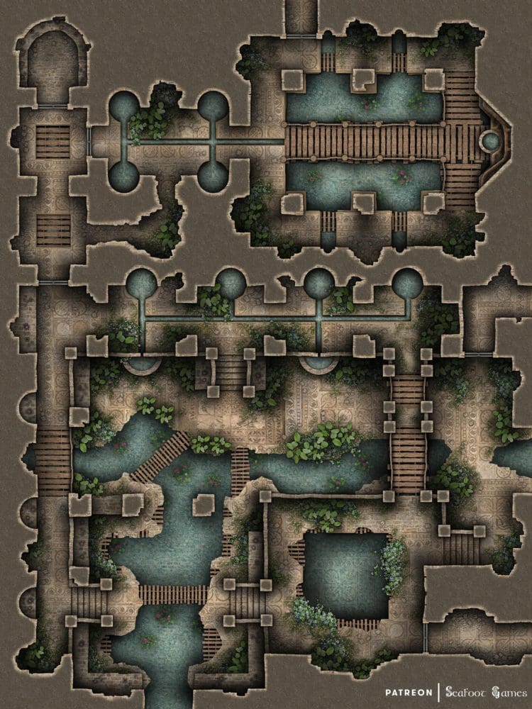 Free TTRPG Battlemap - Overgrown Wellspring Temple • Seafoot Games