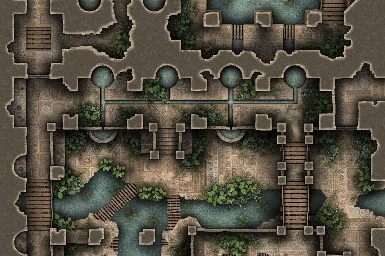 Free TTRPG Battlemap - Overgrown Wellspring Temple • Seafoot Games