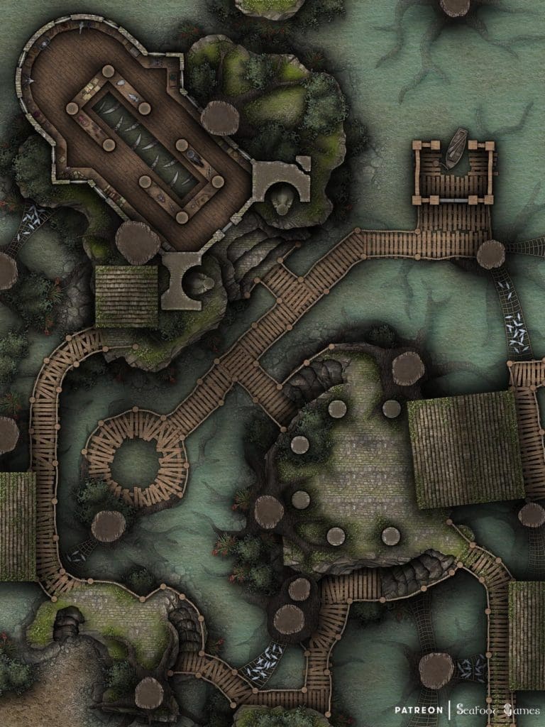 Free TTRPG battlemap of Mangrove Swamp Fishing Village