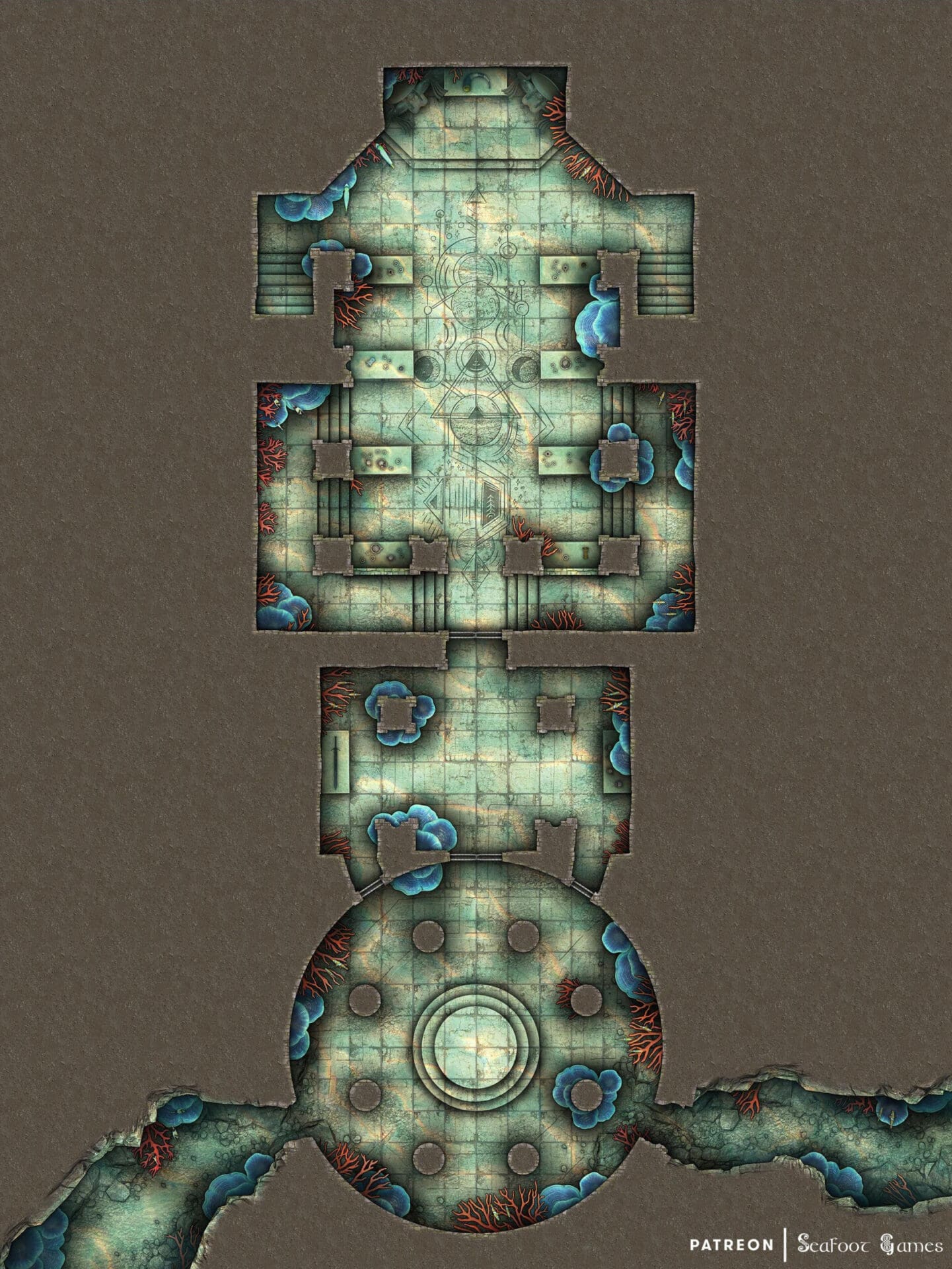 Free Multi-Level TTRPG Battlemap with Adventure – Sunken Coastal Temple
