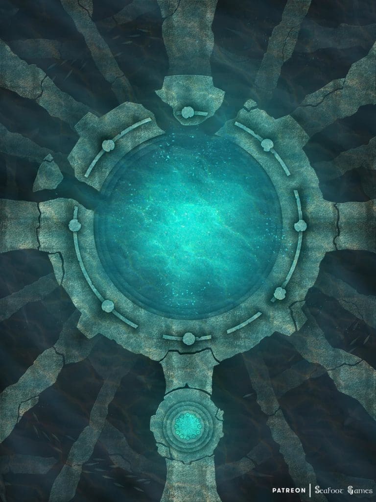 Eternal Well of Oceanus Free DnD Battlemap & Adventure, of an underwater portal plus its free adventure about a deep dweller army. VTT ready!