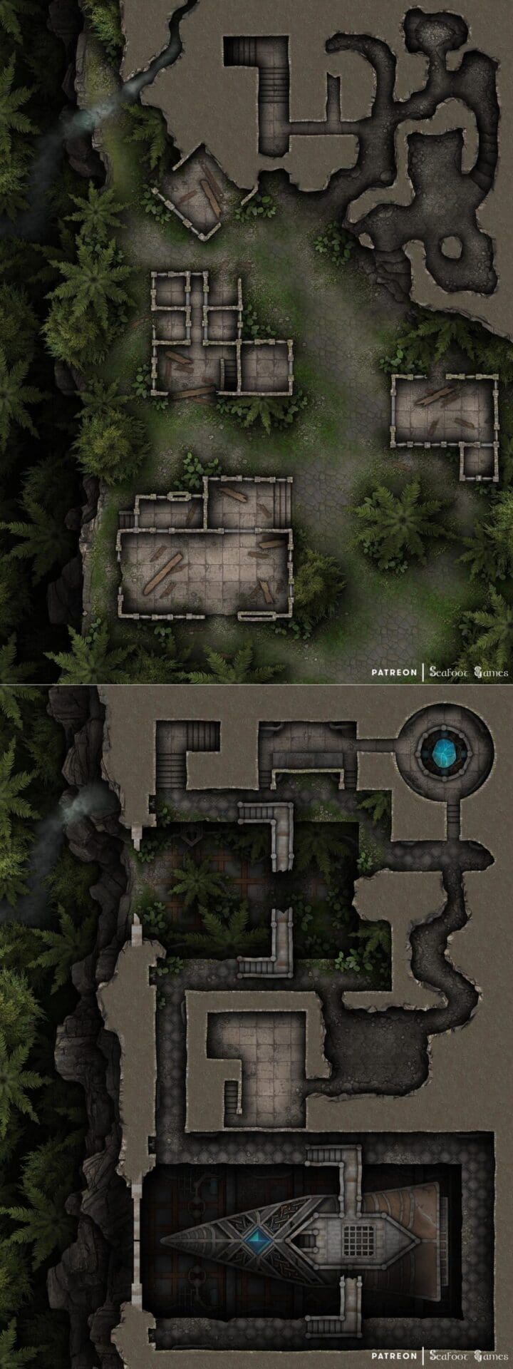 Ruined Jungle Village of Nagia Falls Multi-Level 40×30 DnD Battlemap & Adventure