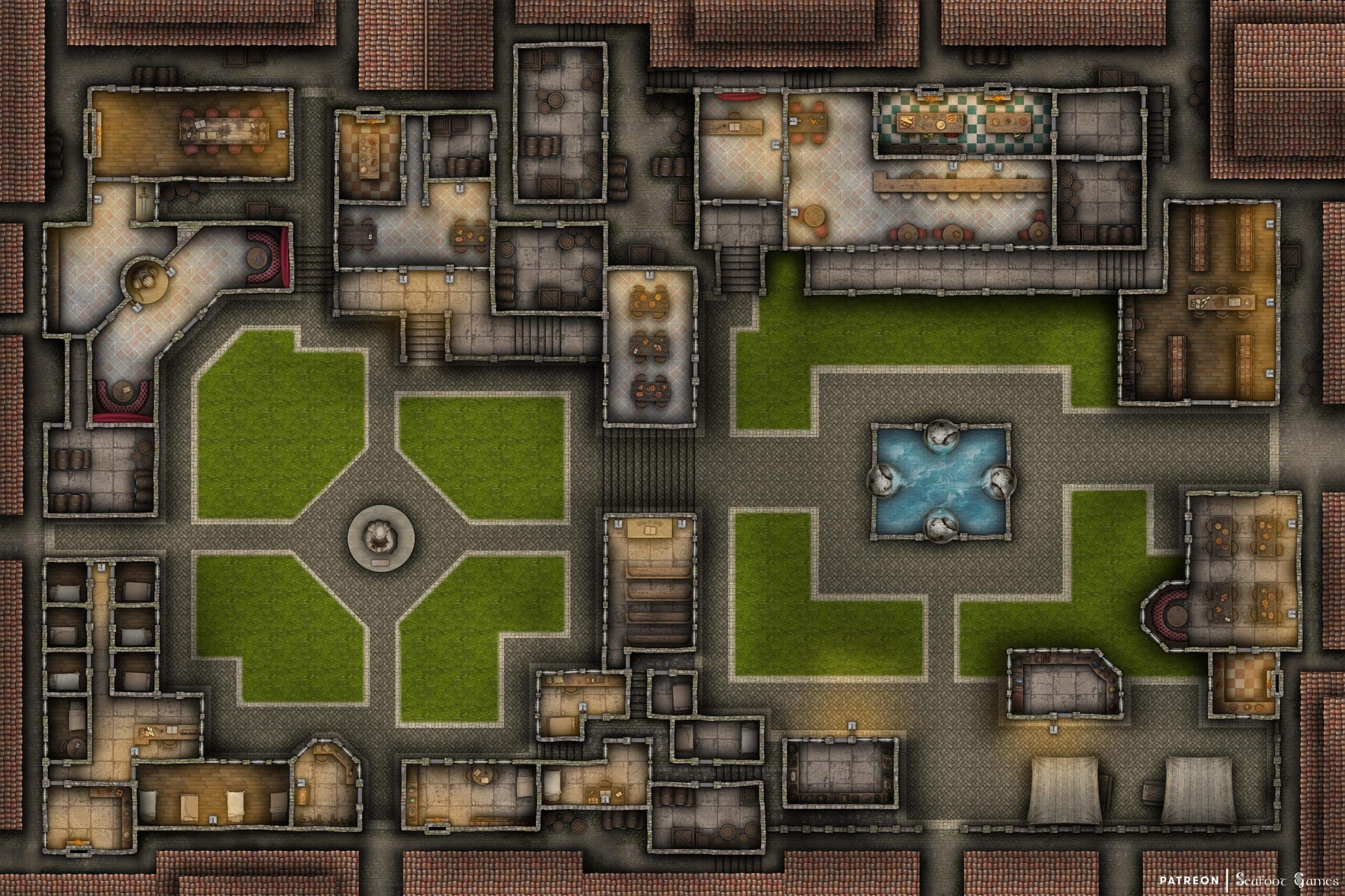 City Plaza Free 60x40 DnD Battlemap, with welcoming houses and taverns opening into green courtyards, one with a fountain. VTT ready!