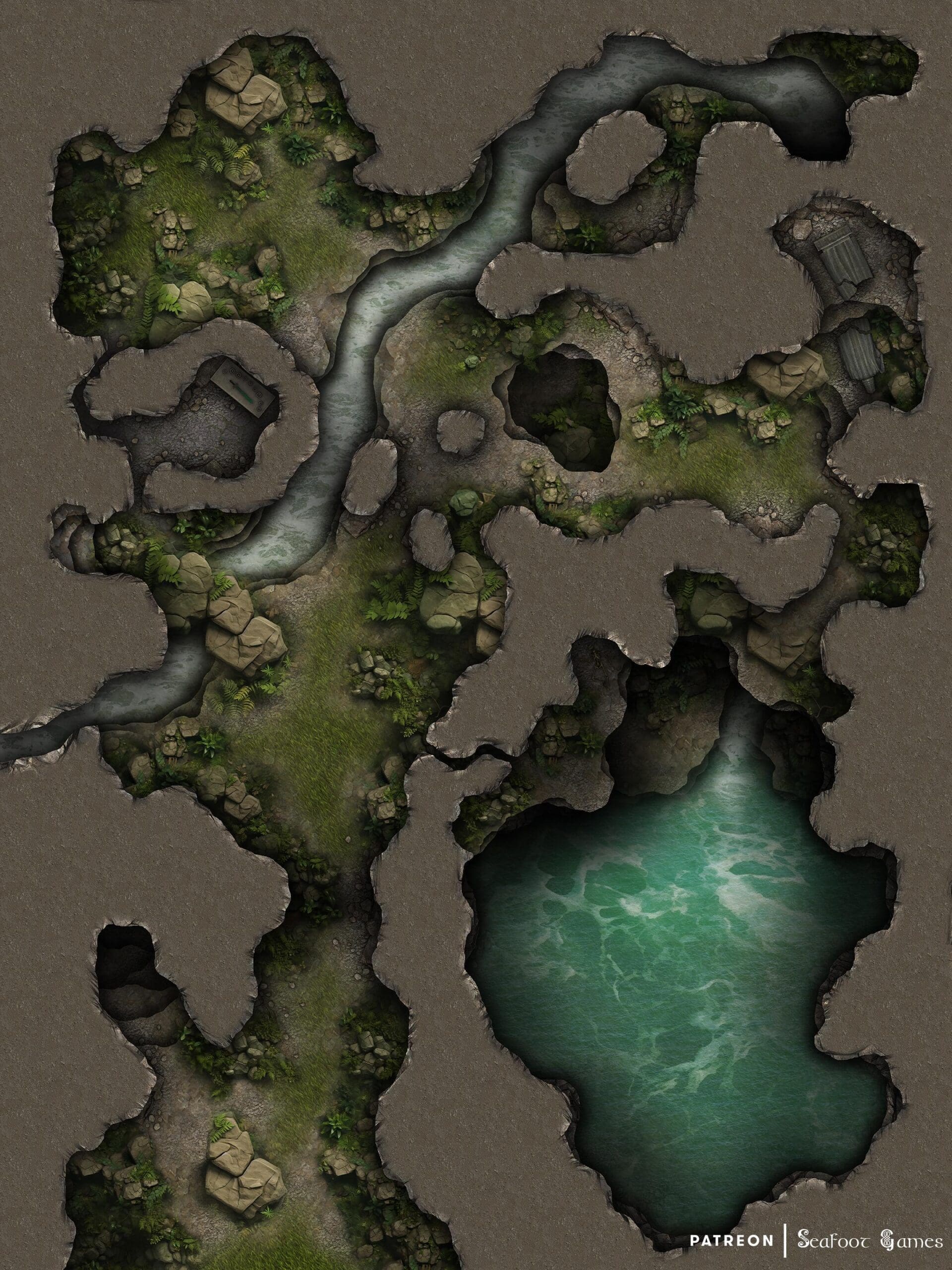 Level 2 of Greenbelt Cavern Lagoons Free 40x30 Multi-Level DnD Battlemap & Adventure, featuring a trip into a dangerous tribal afterlife. VTT ready!