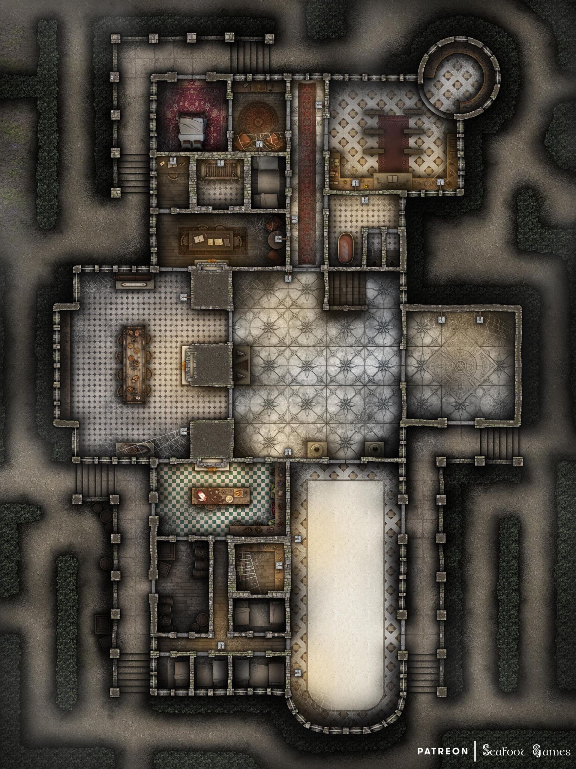 Level 1 of our Haunted Manor Free 40x30 Multi-Level DnD Battlemap & Adventure, featuring the haunted ruins of a mansion with a disturbing past. VTT ready