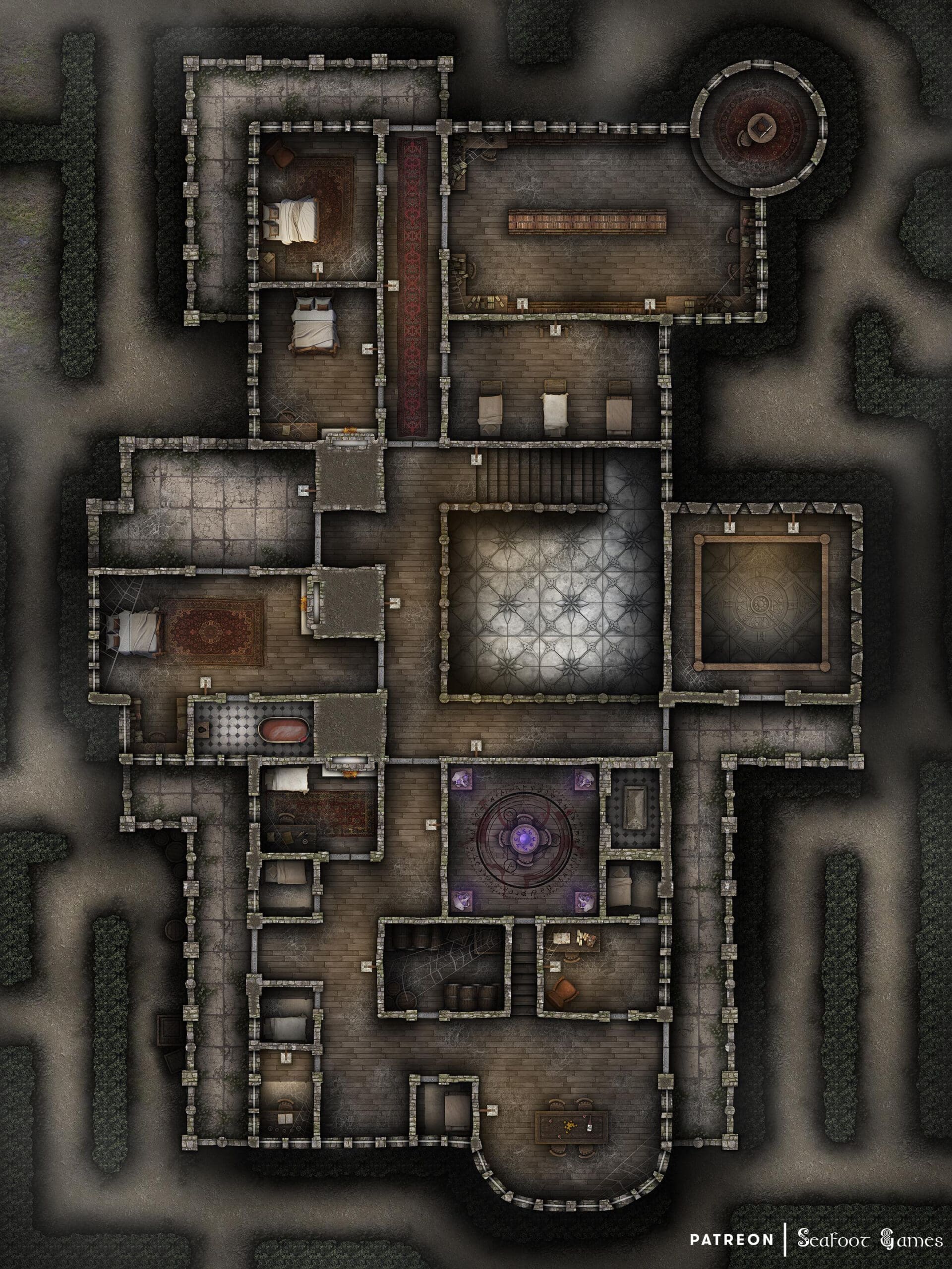 Layer 2 of our Haunted Manor Free 40x30 Multi-Level DnD Battlemap & Adventure, featuring the haunted ruins of a mansion with a disturbing past. VTT ready