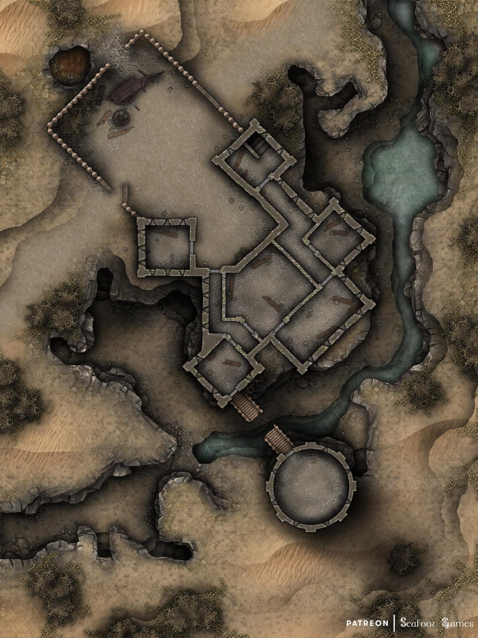 Level 1 of our Ruined Desert Outpost Fortress Free 40x30 Multi-Level DnD Battlemap & Adventure, featuring those who dwell beneath the sands. VTT ready!