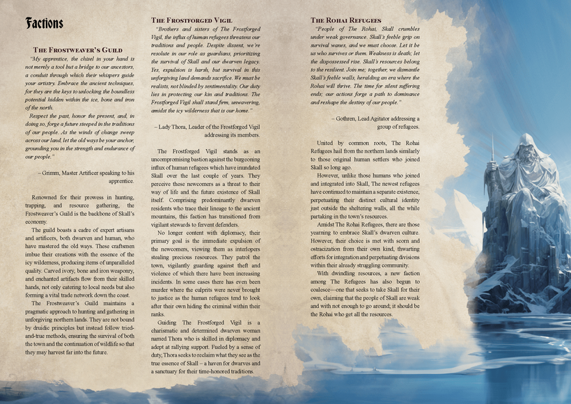 Download the Skall Adventurer’s Guide TTRPG Battlemap Bundle and embark to an arctic town rich in dwarven history which is currently struggling with cultural clashes brought upon by an influx of refugees fleeing their icy homes. Take your players to this frozen location and spend at least 10 dangerous sessions, resolving conflicts, exploring ancient ruins, curing curses and battling the dangerous creatures of the far north.