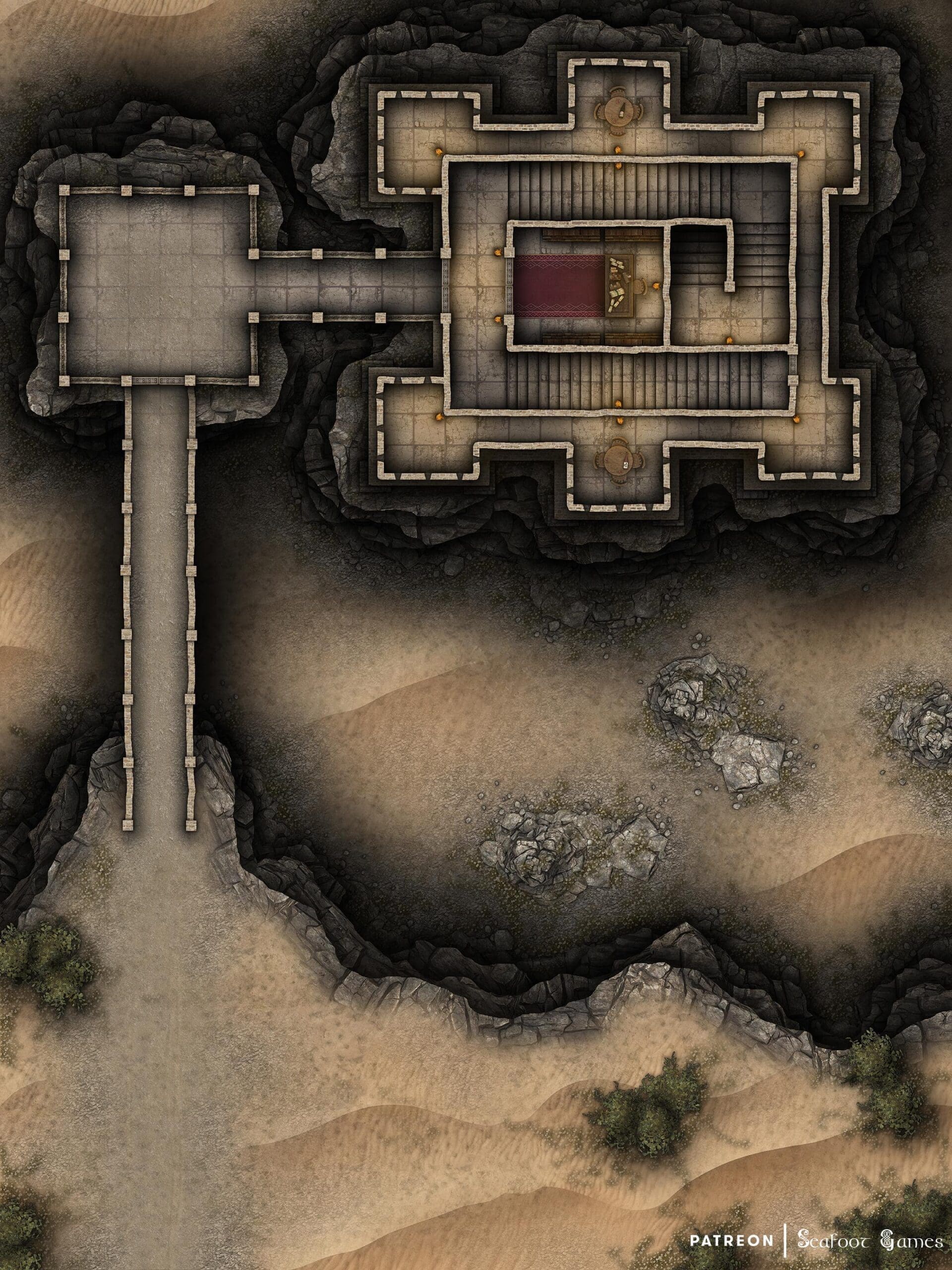 Level 1 of our Underground Desert Prison Free 40x30 Multi-Level DnD Battlemap & Adventure. Break into an underground high-security prison! VTT ready.