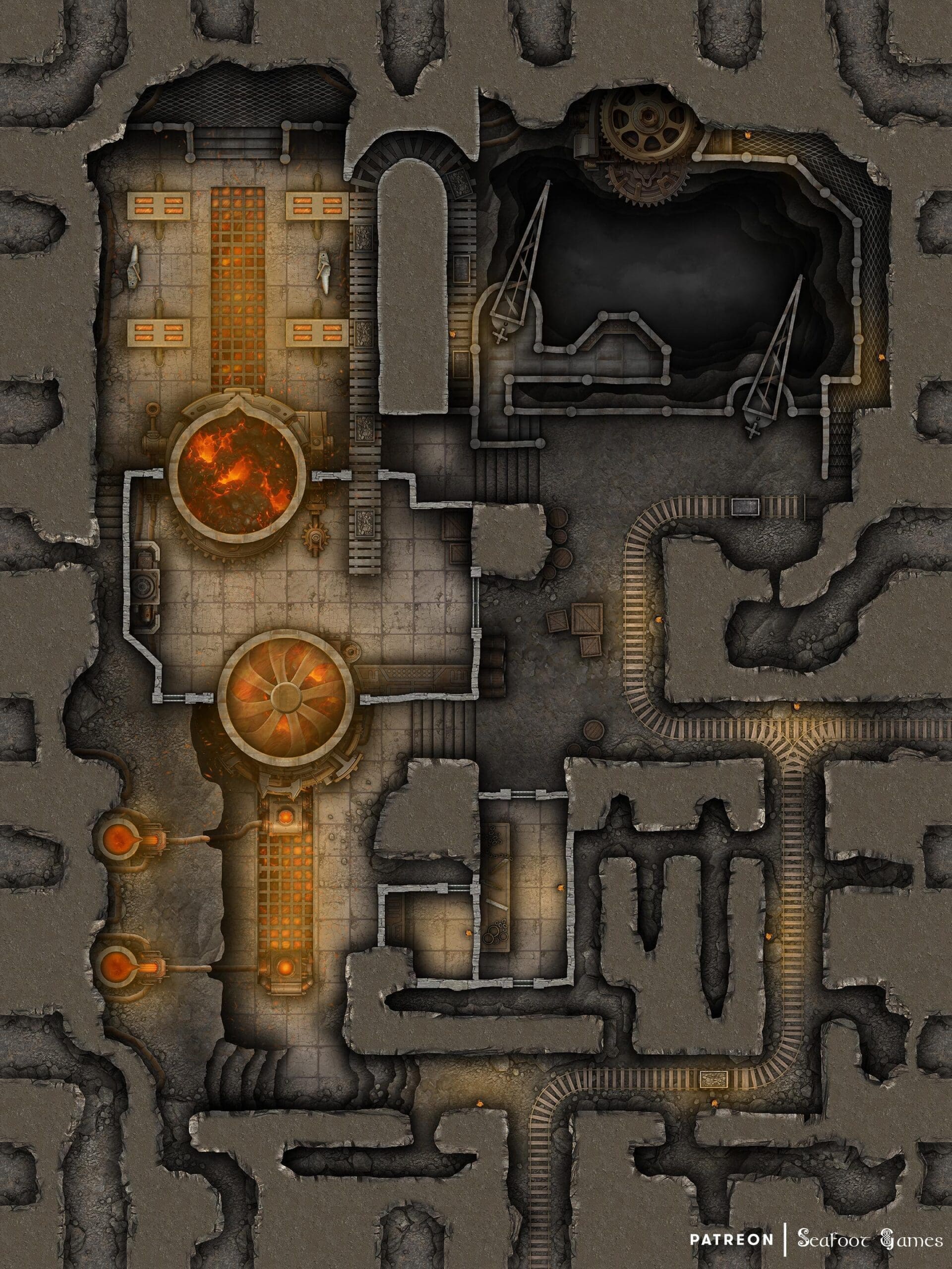 Underground Forge Complex Free 40x30 DnD Battlemap & Adventure featuring malfunctioning gnomish magi-tech in a Dwarven mine. VTT ready!