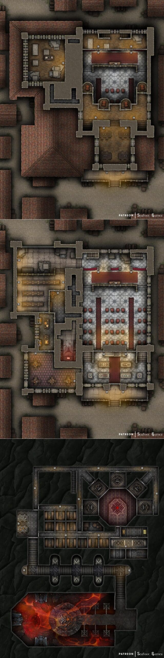 Devilbend Auction House Free 40x30 Multi-Level DnD Battlemap , with a hidden and distinctly evil basement level replete with a variety of group or isolation prison cells, torture cages, and a portal to the hells. VTT ready!