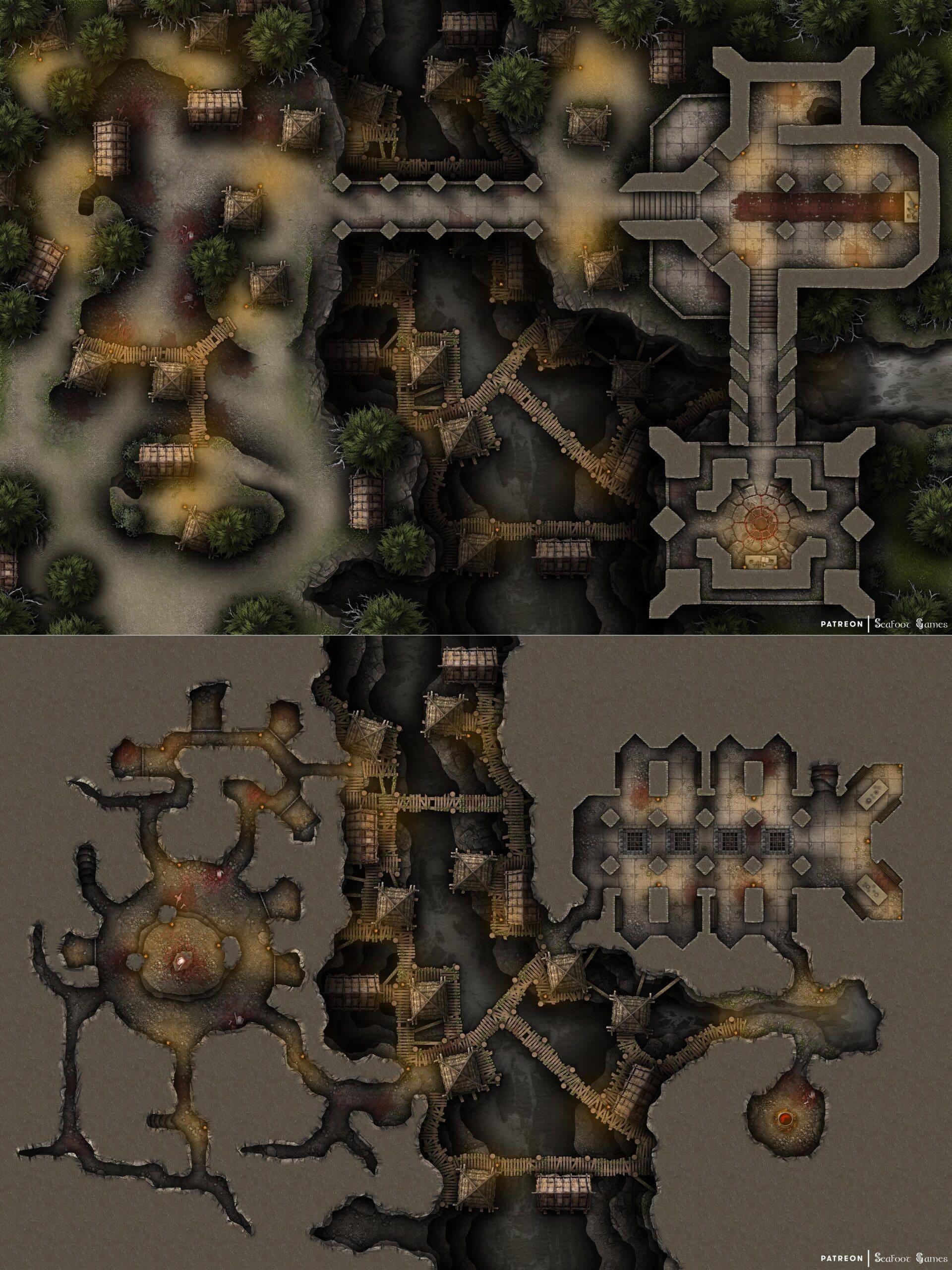 Maneaters Forest Temple Village Free 60x40 Multi-Level Battlemap, featuring a primitive jungle village with piles of bloody human bones, as well as altars for sacrifices. VTT ready!