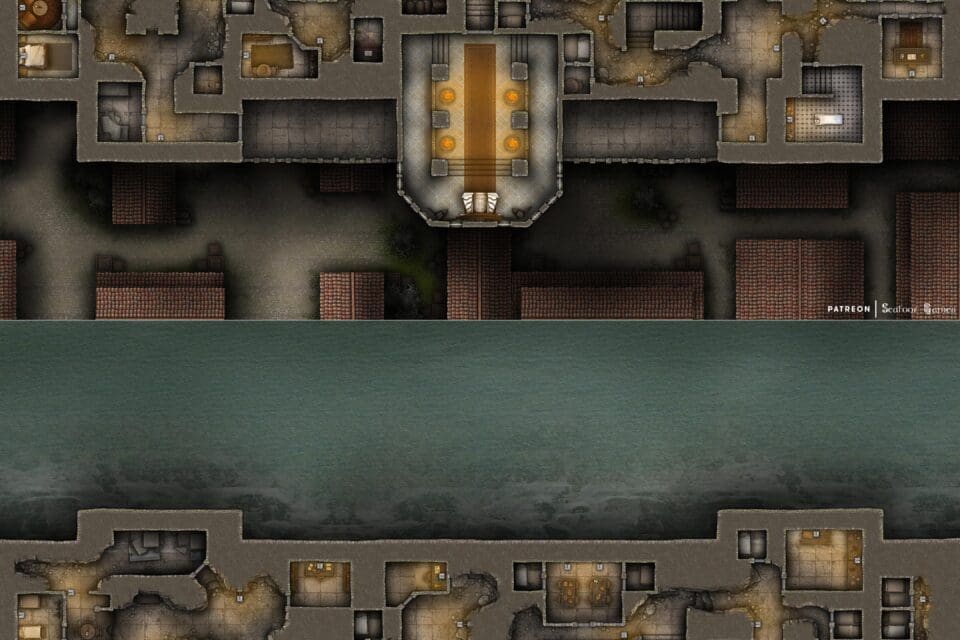 The Great Kaiju Wall Free 60x40 Multi-Level Battlemap, featuring a giant fantasy wall in a medieval town, facing the ocean, and the monsters that rise from within it. VTT ready!