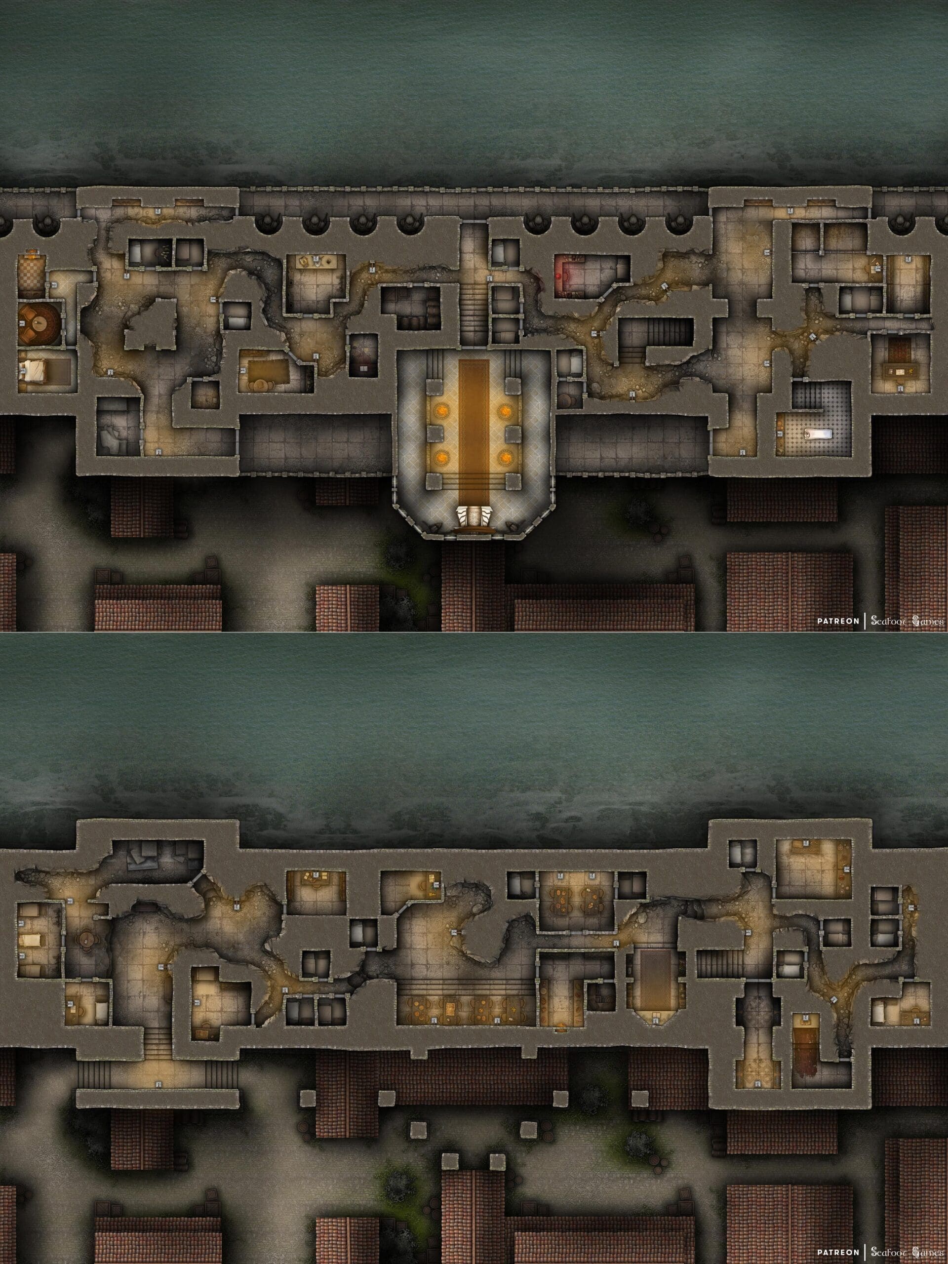 The Great Kaiju Wall Free 60x40 Multi-Level Battlemap, featuring a giant fantasy wall in a medieval town, facing the ocean, and the monsters that rise from within it. VTT ready!